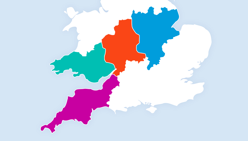 Map of Great Britain highlighting the four licence areas which NGED serves in different colours