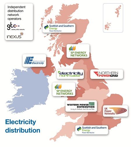 Name of Distributed Network Operators in the UK and Northern Ireland are listed below in the order they're shown on the above map, from left to right, top to bottom:  Scottish and Southern Energy; SP Energy Networks; Northern Ireland Electricity; Electricity North West; Northern Powergrid; SP Energy Networks; Western Power Distribution; UK Power Networks; Scottish and Southern Energy.