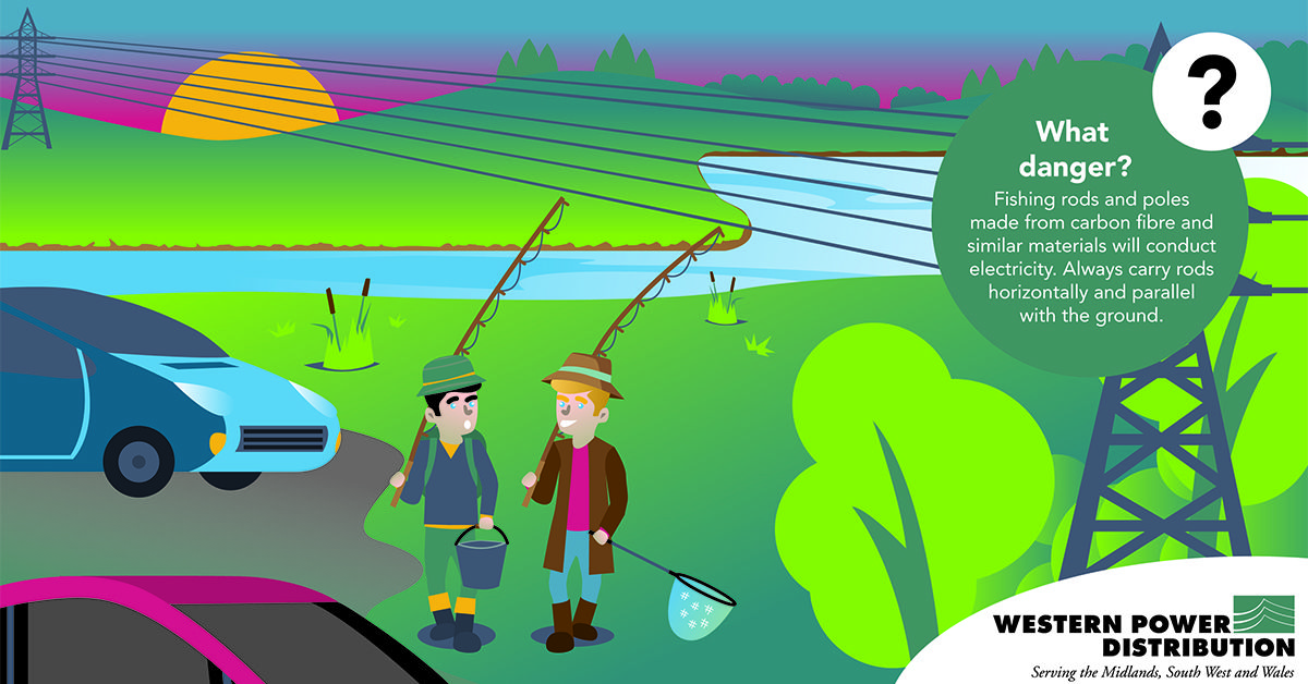 Health and safety illustration showing two men carrying fishing rods under a pylon